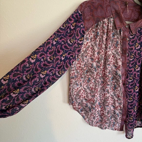 Free People Dani Blouse Size Small Purple Brown Floral Button Up Loose Sheer - Picture 3 of 7